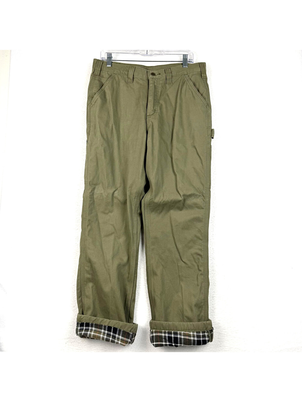 Carhartt 34x32 Green Canvas Flannel Lined Relaxed Fit Carpenter Pants 100070-301
